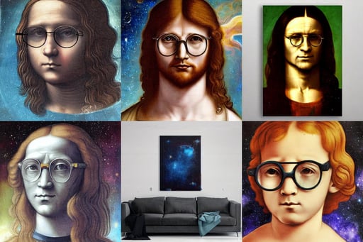 boy with long hair and glasses in nebula, art by Leonardo Da Vinci, Oxidian, Sharp image, movie poster art, outerspace