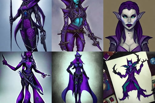 fantasy elf drow with dark purple skin, dark blue long hair, war - art style, movie scene