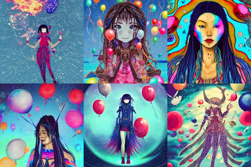 middle of the ocean, yasutomo oka, killing the great ones, tech suit, pyromancer mage : : 1 full of colorpalette rippled layers, she is watching a lot of balloons flying over, light blue braids, soft polished aztec princess devil madison beer cyborg, with some constellations visible, jahbu art ancient