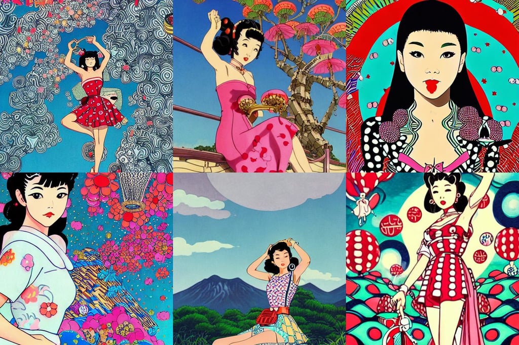 a pin up and beautiful fashion dreamlke japan girl with lv jewelry, art by studio ghibli, magic realism inspired by psychadelia and ancient aztec architecture, an ultrafine illustration of young half arab zendaya mix by kim jisu, mountain scape. film still, by Yayoi Kusama