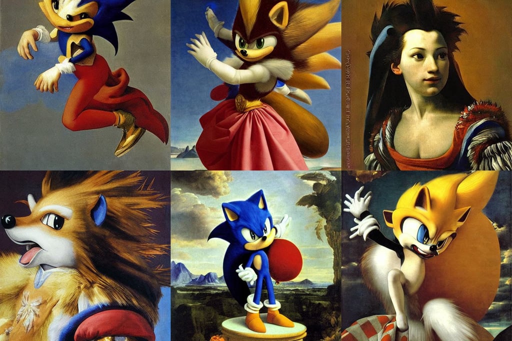 Anthropomorphic majestic sonic the hedgehog, art by Artemisia Gentileschi, art by Raffaello Sanzio, majestic