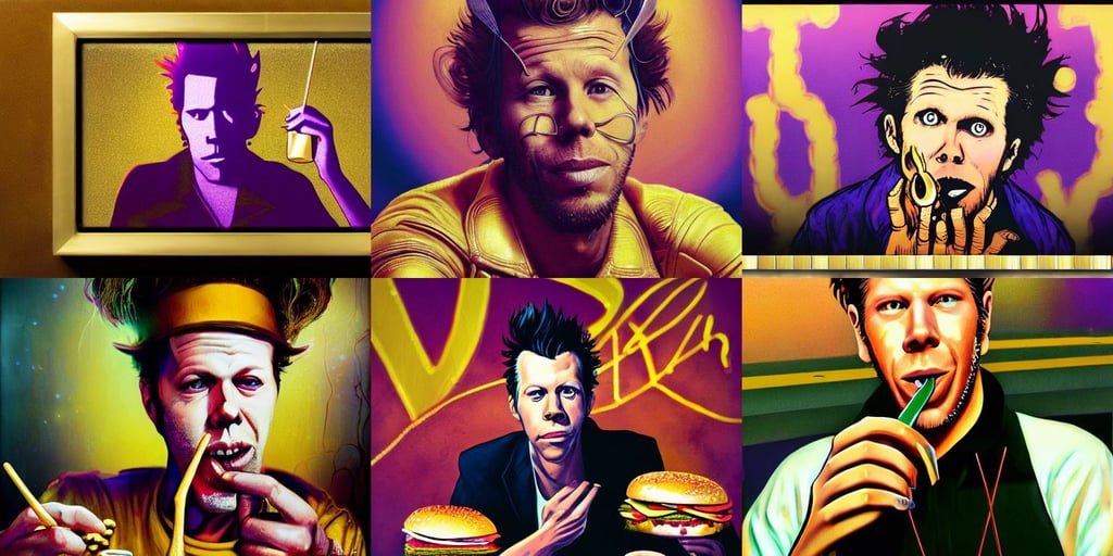 portrait of tom waits eating hamburgers, photorealistic image, by Range Murata, dark lighting, gold jewellery, with long auburn hair, purple sunset, dramatic smile pose, power aura, concept art by dr seuss, highly intricate space graphics in background, gold armor, cyberpunk 2077, a fingertip on a drum releasing sounds and harmony, bling, totally jacked anthropomorphic capybara, Hulk costume, incredibly highly detailed and realistic