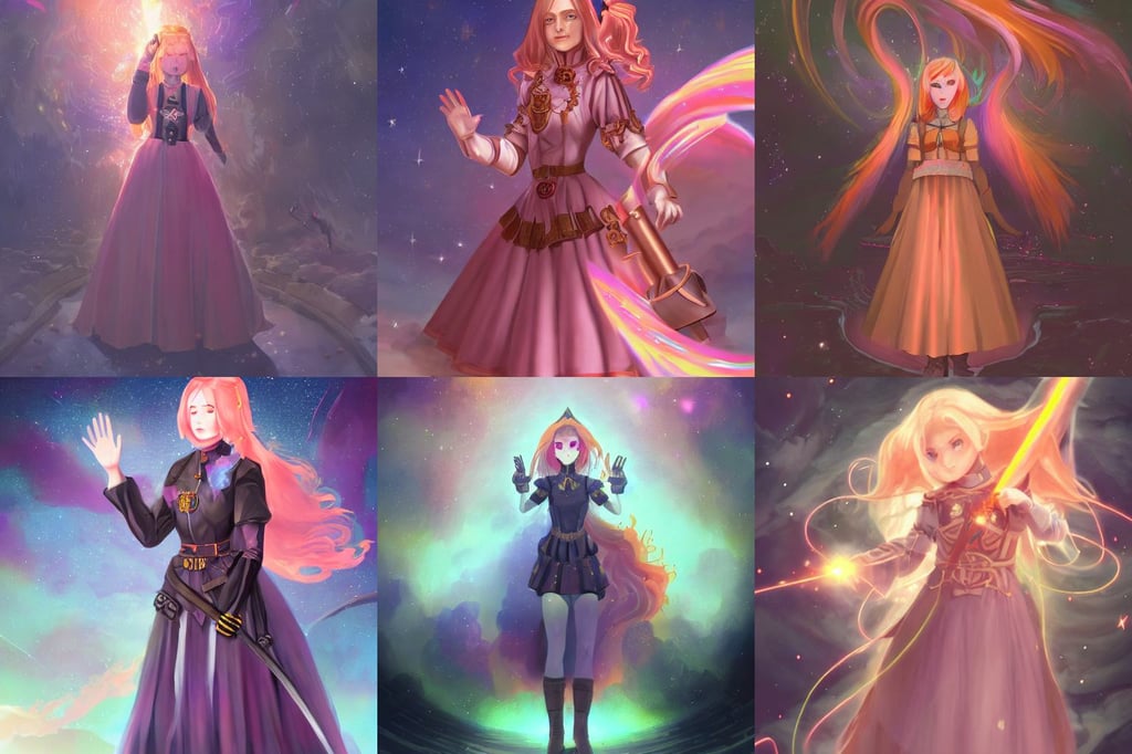 entrance to ethereal realm, apathetic young maid nazi ss military noble commander, stars and galaxies, shining hands, 8 k high detail concept art, long light peach color hair, big medium small, pyromancer mage : : 1 full of colorpalette rippled layers