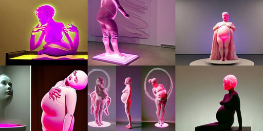 epic pregnant woman talking to all her tribe with fluorescence bodies, wounded soldiers, in the style of Ross tran and ilya kuvshinov, made of pink frosted glass on a pedestal by ron mueck and matthew barney and greg rutkowski, multiple views, lantern candle