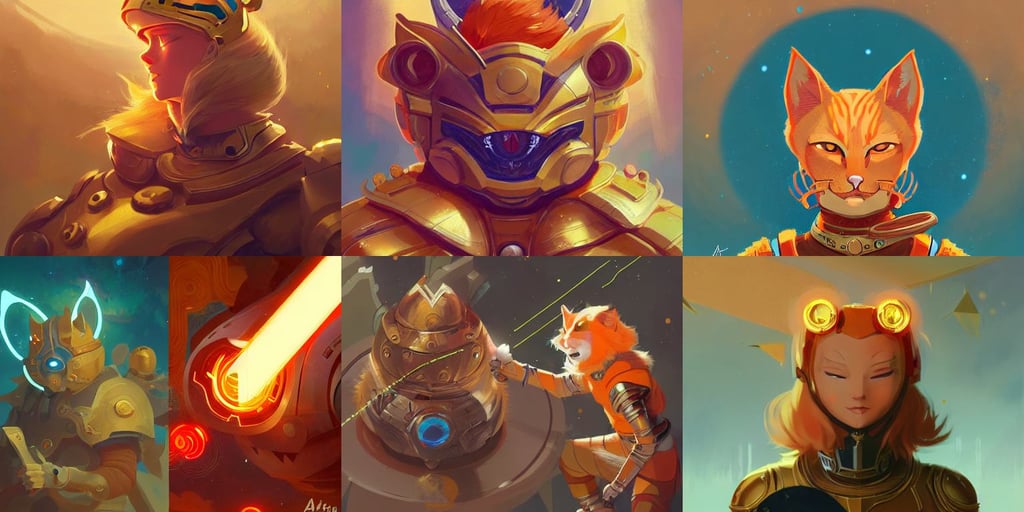 an orange tabby cat with a laser collar, gold armor, huang guangjian, pete mohrbacher, blonde hair with headband by atey ghailan, rusty shapes