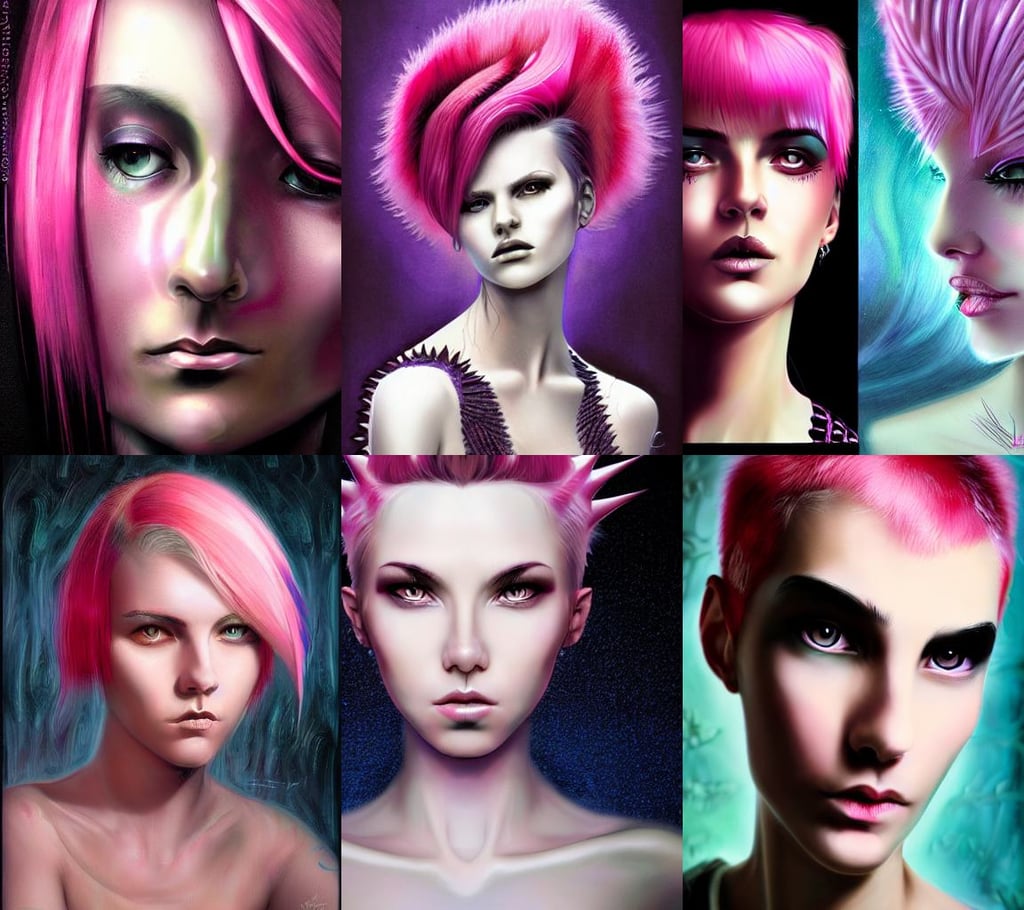 portrait of a young woman with short pink spiky hair and dark eyes, a wonderful portrait image, inspired by Stephan Martiniere, Alex grey