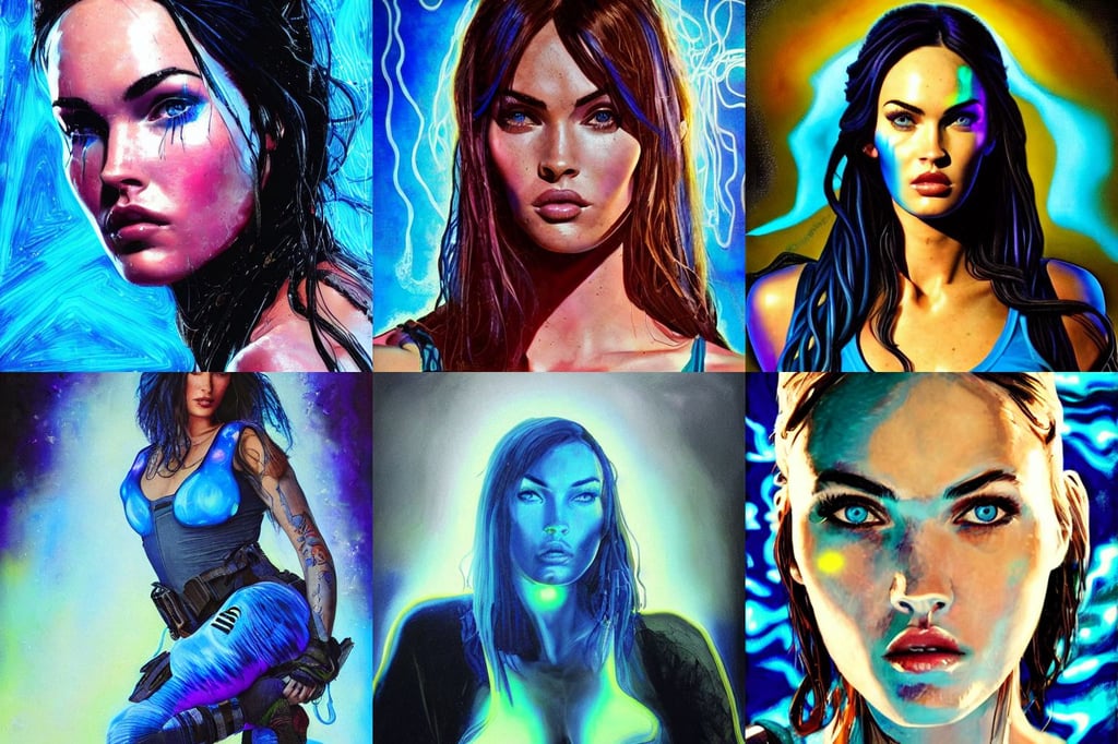 portrait of apex legends megan fox, with a brilliant, glowing blue lush bioluminescent, strings background, chiaroscuro oil painting, feral, mixed development, in the style of simon Bisley