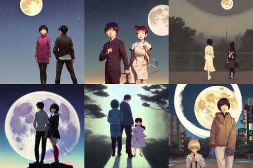 two friends on a walk in tokyo, art by artgerm lau and wlop and and ilya kuvshinov and john singer sargent, material design, art by brom, clean bright happy, in front of a big moon