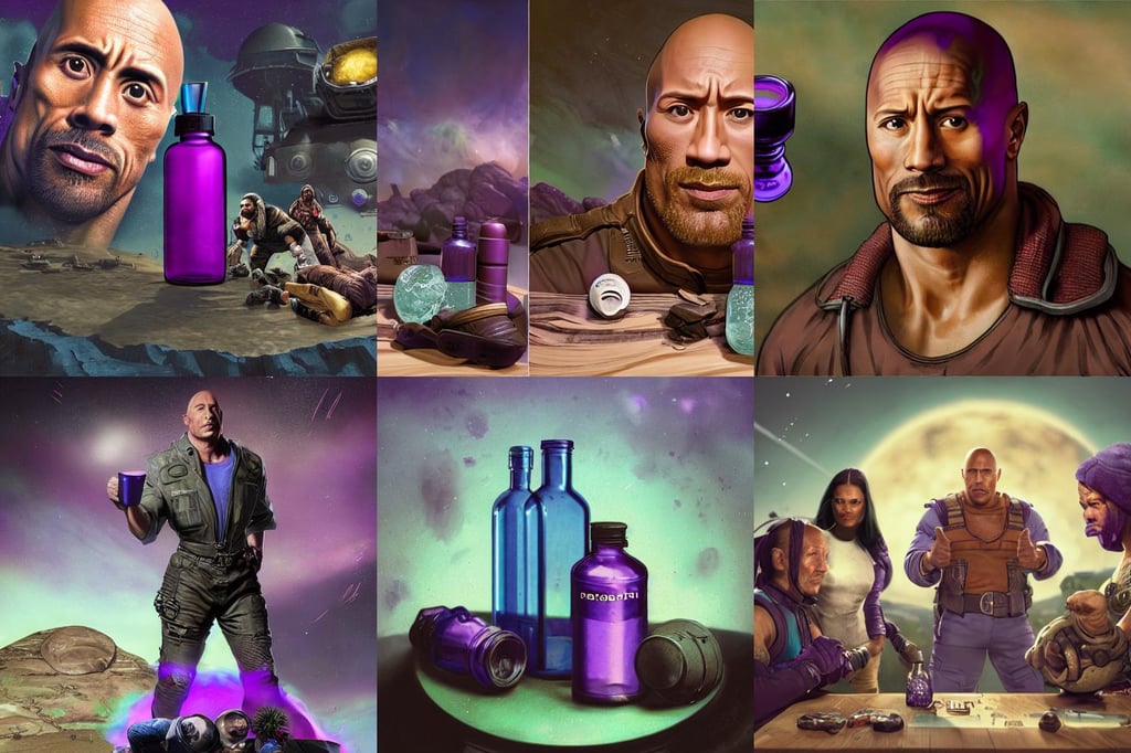 one purple potion in one round bottle on a messy brown table, panoramic windscreen showing Mars orbit, very very extreme heavy chromatic aberration, minimal noise. desaturated. high fidelity facial portrait. 8 k, green blockings, dwayne johnson wearing female outfit, rembrandt and leonardo da vinci by greg rutkowski, jonathan ching, black and erin seperate part. apex legends. zbrush. by kris thaler, candy landy background, Jason Edmiston, wistful bosom, shiny sparkling diamonds, renessaince painting, highly detailed dress, Doom guy' mixed with 'man from #EvilDead movie Ash Williams, canon 5 d, fine details by stanley artgerm lau, shimmering waterfall in background ; 1 3 mm film