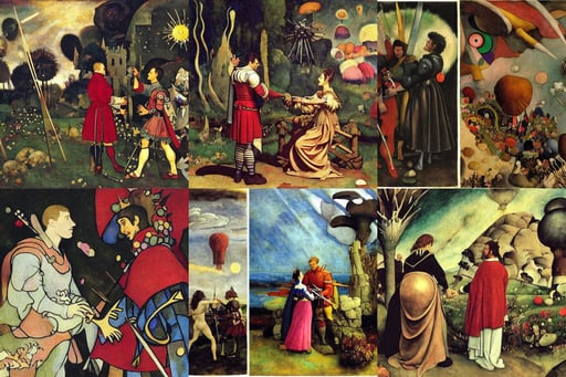 knight receiving a boon from the fairy queen, art by Diego Velázquez, fun, Animation Concep..., art by Wassily Kandinsky - Photo, art by Caspar David Friedrich, atomic bomb mushroom cloud by Miyazaki, art by Michelangelo Merisi Da Caravaggio, ultra realistic, art by Andrea Mantegna, art by Kazimir Malevich, intricate devil goat chimaera realistic, photorealistic, art by Paul Gauguin, seabirds, sakura bloomed background, art by Paul Gauguin, character creation, art by Edvard Munch, Animation Concep...