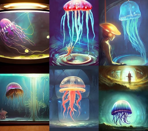 a beautiful painting of jellyfish in a cylindrical aquarium, by Horace Hsu, blackboard, cyberpunk art by Makoto Shinkai, concept art by pete mohrbacher and wlop and artgerm, wet ground, concept art by toriyama sekien, webbing, tank top, helmet on face, i still place the primary blame for this schism