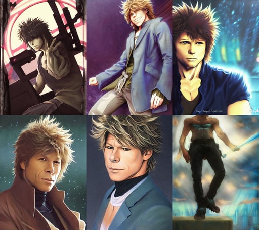 anime portrait of Jon Bon Jovi as an anime man by Stanley Artgerm Lau, moonbeams, unreal engine ， volumetric light ， surreal, artistic composition, many droids are milling in the park, art by artgerm and greg rutkowski and edgar maxence and alphonse Mucha and Frank Frazetta, hoses:10, f. 1 4, walking through a waterfall in a wet silk black and red dress with sparkling gem stones, vaporwave lighting style, grayscale monochromatic