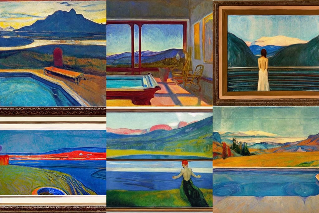 liminal space photo with pools of smooth water, art by Domenikos Theotokopoulos, art by Edvard Munch, Atelier Firis, intricate design, realistic, art by Tommaso Masaccio, art by Edward Hopper, Rocky Mountains in the distance, bill henson style