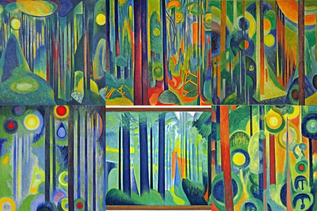 A deep forest, fireflies, by Robert Delaunay, oil on canvas