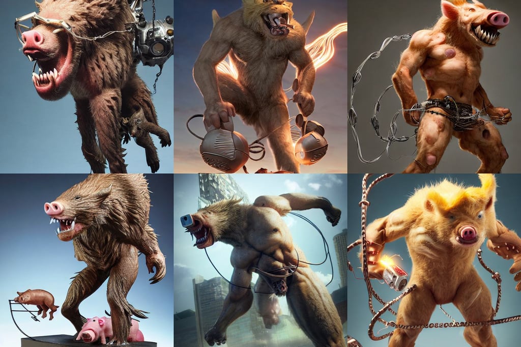 front shot of a sabretooth, attacking pig by ross tran, akihiko yoshida, with wires and cables connecting it to alien technology, Stanley Artger Lau, thigh gap, path to heaven