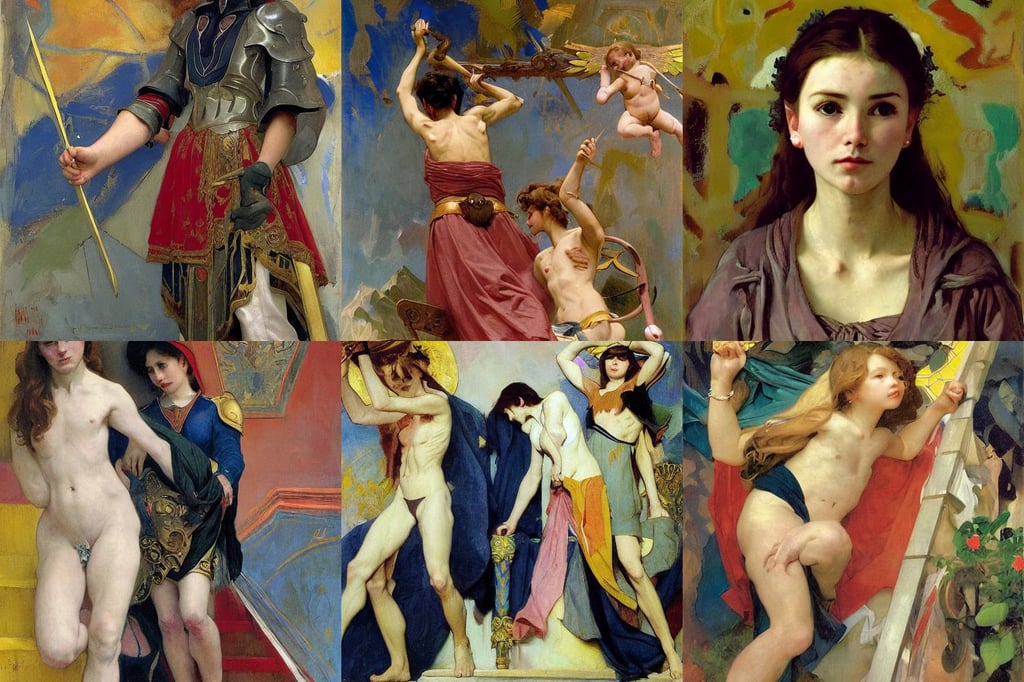 noble paladin; Jusko Bouguereau Elvgren Waterhouse Frahm, art by Jackson Pollock, art by Henri Matisse, art by Eugène Delacroix, photo realistic, Narrow steep staircase, Kodak portra, house crest, perfection, art by Hilma Af Klint, fullbody, art by Jean-michel Basquiat, art by Edward Hopper, art by Pablo Picasso, art by Gustave Courbet, art by Johannes Vermeer