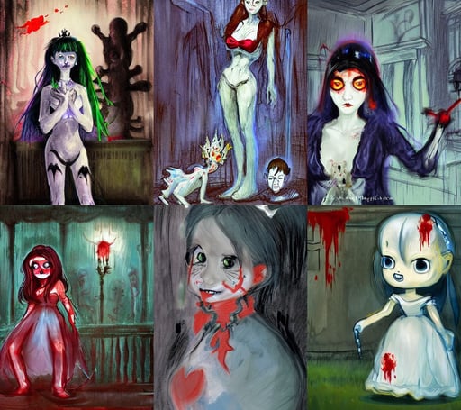 Princess Boo with red spooky eyes in a haunted mansion on Halloween, epic anthropomorphic spirit girl character posing for concept art, by Berthe Morisot, in the style of Fernando Juarez, making insane faces, dirt. bloody zombie nurses hobbling in the background. oil painting, dayglo blue, digital rain, in a tropical dystopic city in front of a garage, soft Chinese bridge contour far in the background