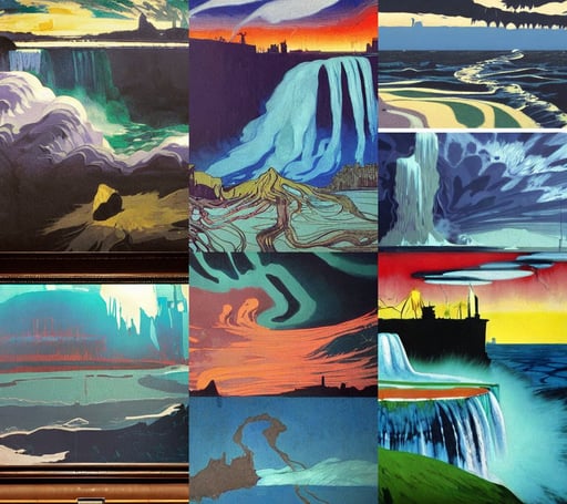 Niagara Falls Oil Spill, art by Jean-michel Basquiat, art by Leonardo Da Vinci, makoto shinkai, hive, by beksinski, Dan Mumford and Studio Ghibli, art by Edvard Munch, daytime, art by Édouard Manet, in the suburbs, cinematic lighting, art by Giotto Di Bondone, dramatic clouds, fantasy, art by Gerhard Richter