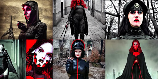 goddess, full black military uniform red cape, sacred geometry pattern, sharp teeth and claws, phoenix, all photos showing innsmouth town streets, cyberpunk darksynth, chernobyl