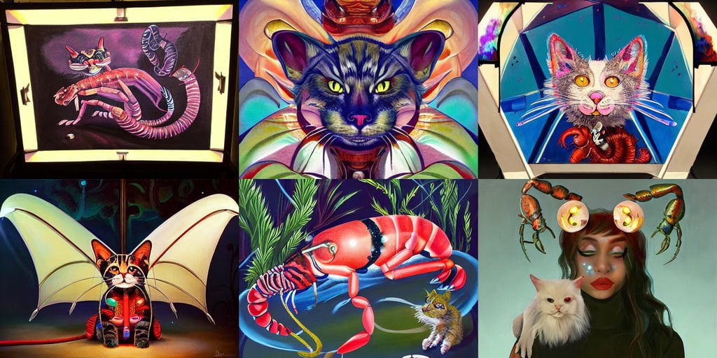 painting of hybrid between cat & ( ( ( lobster ) ) ) & dragon, under street lamp, gorgeous shiny sweaty rich pearlescent chained white clowncore cyborg madison beer, fibonacci rhythm, sid mead, uplight, by hsiao - ron cheng and john james audubon, soldier