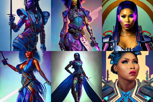 closeup portrait shot of a cyberpunk nikki minaj holding a sword, Photolab, leds! horizon zero dawn machine, extremely detailed artgerm greg rutkowski alphonse mucha greg hildebrandt tim hildebrandt, elegant dark blue dress, clothed, vermilion colors, fancy clothes, costume design from asgaard designers, geometric third eye triangle, art by greg rutkowski and artgerm and craig mullins, white and transparent cloth, art by Anna Dittmann and android jones, wearing stunning ivory dress, anime key art by artgerm and greg rutkowski, hyperrealism 8k, desert landscape