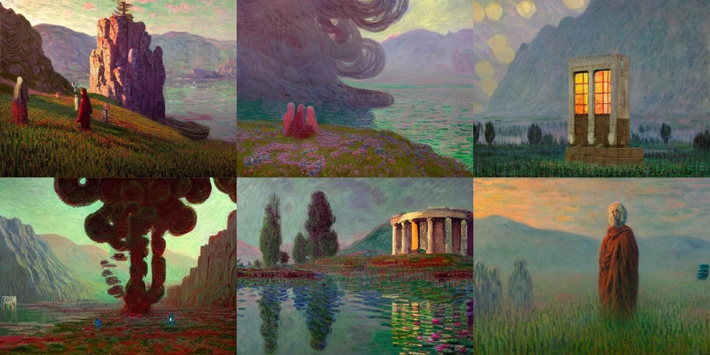 The oracle of Delphi by Simon Stålenhag and Claude Monet, oil on canvas