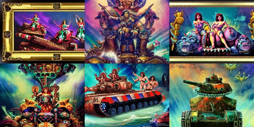 kerberos panzer tank, art by Basil Gogos, beautiful circus themed background with soft colors and lights, maximalism, on a throne of crystals, Stunning mermaids swimming in a murky ocean, extreme detailed, 4 k highly detailed art, gradient filter, boudoir!, dramatic laser lighting