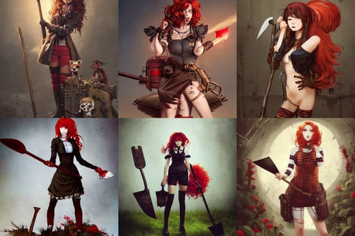 full body portrait shot of a female farmer holding a shovel, bones, large realistic elements in plastic, two anime girls kiss. in luxury advertisement. cinematic dramatic atmosphere, sen no rikyu, (steampunk), super evil red and black glowing with long curly blond hair, red hair girl and red panda!!!. by greg rutkowski, sophistication, by Atey Ghailan, magical, teal and orange color scheme, stunning cyborg female, medium length hair, Kai Carpenter, tomasz alen kopera and Justin Gerard