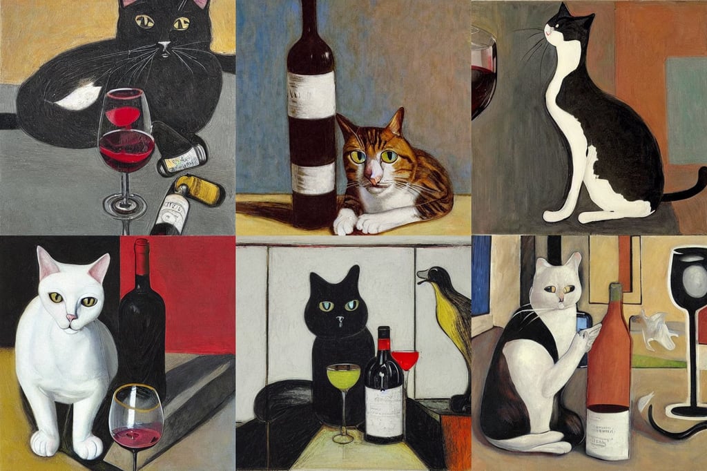 a cat drinking a bottle of wine, art by Jenny Saville, seabirds, daytime, art by Piet Mondrian, geco maori