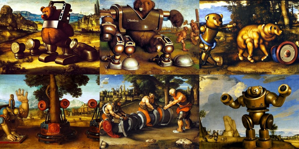 dumbbells on a robot bear, art by Albrecht Dürer, 4k, 4k, art by Nicolas Poussin