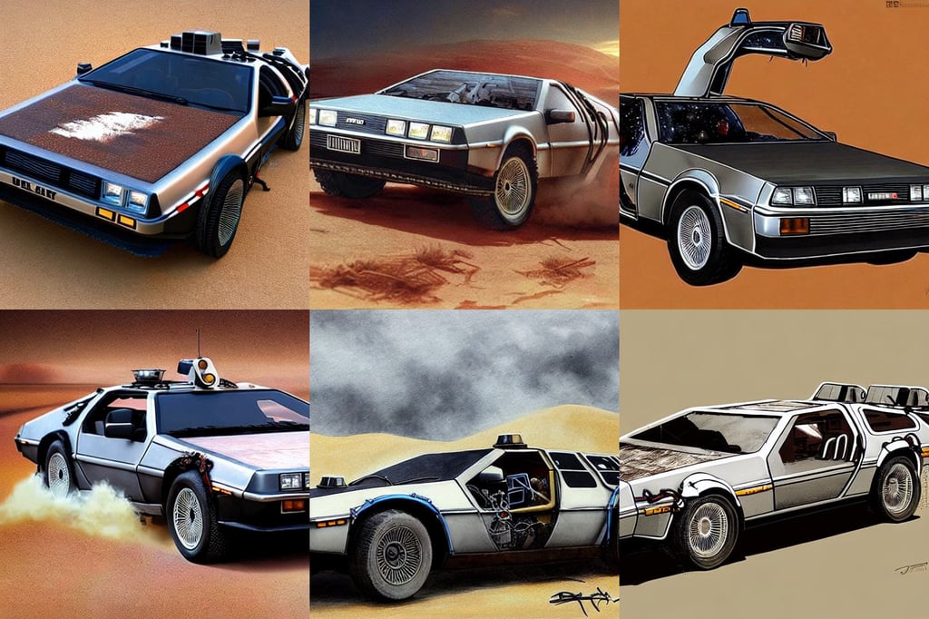 delorean as mad max desert car, art by Giotto Di Bondone