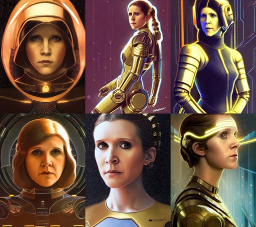 symmetry!! portrait of young carrie fisher, gold sci - fi armour, tech wear, glowing lights!! sci - fi, intricate, elegant, highly detailed, digital painting, artstation, concept art, smooth, sharp focus, illustration, art by artgerm and greg rutkowski and alphonse mucha