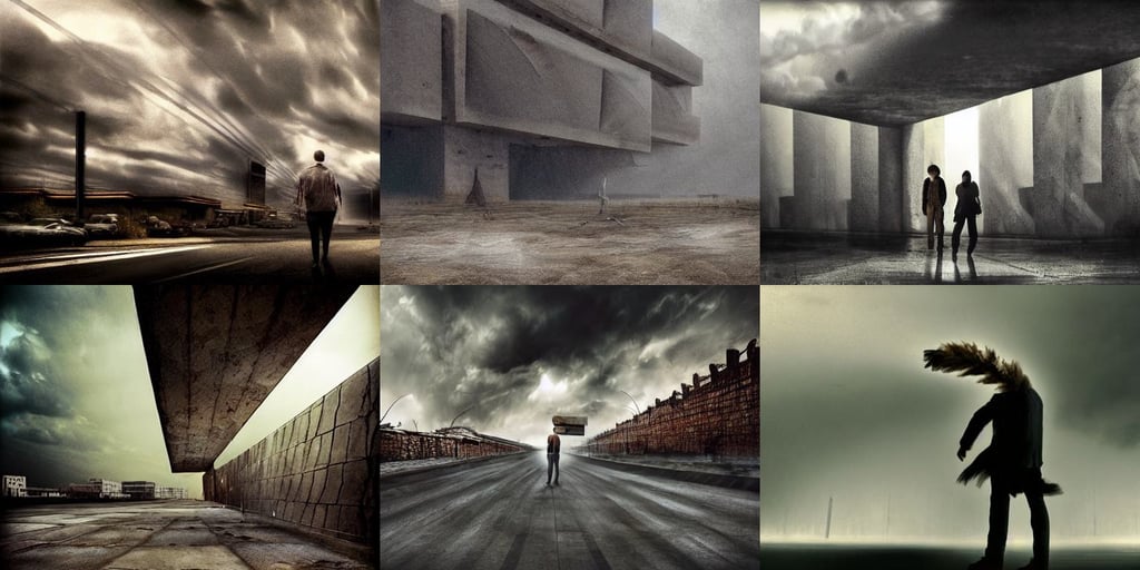 cloudy dusty wind blowing!!!, hyperrealism, fleeing through a brutalist environment from a horrible creature made of twisted flesh, turkish and russian, cinematic colors, cinematic backlighting, concept arD, the sky is dark, n. bradley