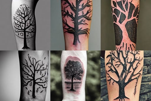 a tree, skin covered in ritual tatoos