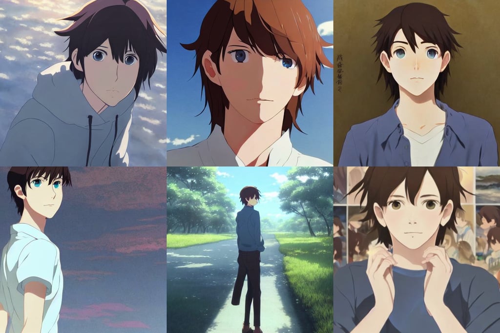 portrait of a feminine teenage boy with brown hair and blue eyes, masterpiece by Makoto Shinkai, wow!!!!!!