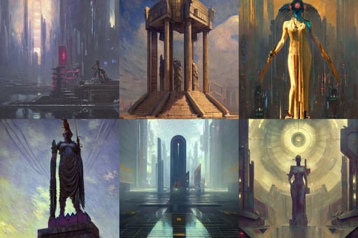 A cyberpunk art deco monument to Athena by Greg Rutkowski and Claude Monet, oil on canvas