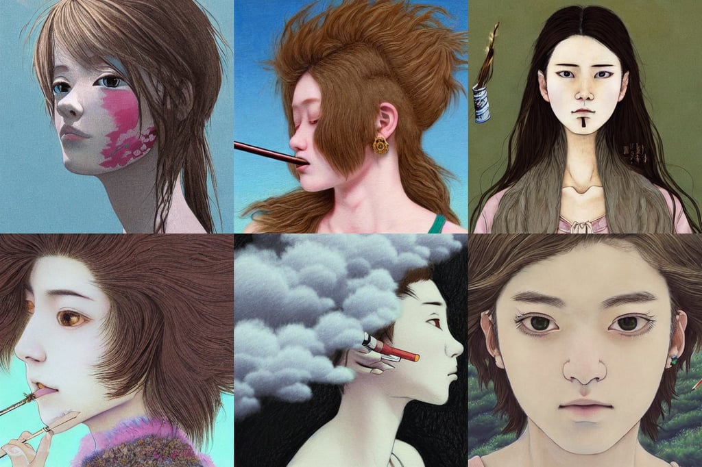 brown haired girl by ryohei fuke, fluffy pastel clouds, highly detailed intricately sharp focus, sharpness, undercut hairstyle, 2 8 8 5 1 1 6 2 1, art by Adolf Wölfli, brave. Eagle girl. by studio ghibli painting, beautiful facial symmetry, smoking a weed cigarette with smoke, overcrowded, eroded rocks on the background, purple leather jacket, dark red lips, american comic style by stanley artgerm, seraphim, 2021 award winning film poster painting, patriotic, holding a shield, ultra-detailed, glossy eyes