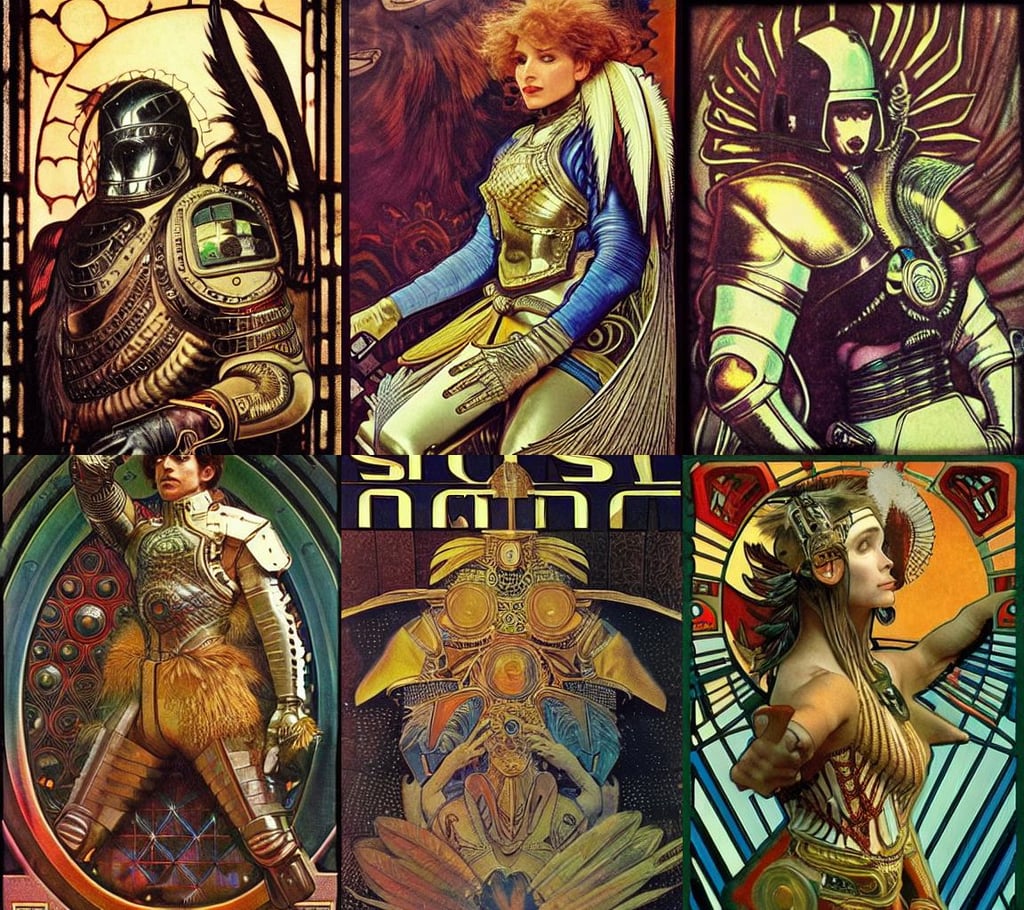 1 9 8 0 s sci - fi cover art, leather armour, insignia, 1 5 8 0 art, surreal background, feathers, insanely detailed. instagram photo, alphonse mucha and craig mullins