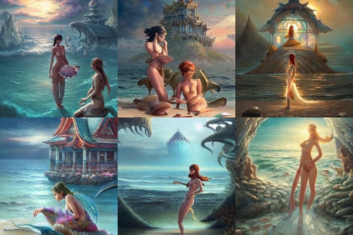 seashell house, trading card, omar ortiz, ornamental halo, highly detailed attributes and atmosphere, art by artgerm and greg rutkowski @ ruprechy, style by greg rutkowsky, Stunning mermaids swimming in a murky ocean, concept art render, painting by ilya kuvshinov, dojo temple in background