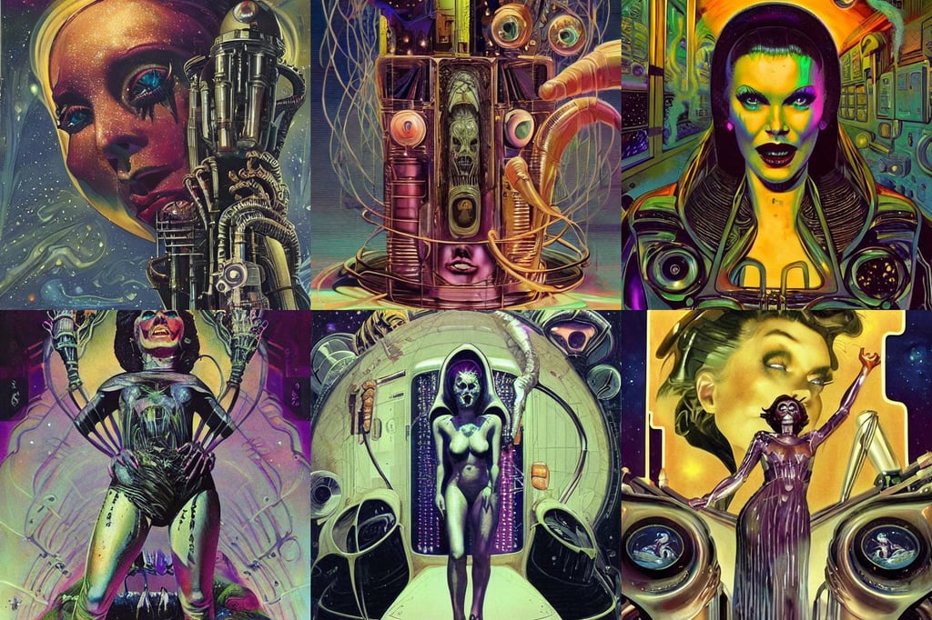 your mom is a cosmic horror by bruce brenneise and h r giger, lettered poster, drawn by tom lovell, surrealism!!!!, art canvas, art by syd mead, gold eyeshadow, sludgy, open shirt, Perfect Facial Features, elsa, crown of white lasers, vacuum tube-punk, ultra hd detaling