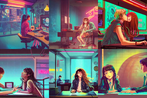 long shot of young man and woman with long brown hair, neon graffiti, sitting at desk at keyboard, rococo cyber neon lighting, a high detail portrait of Hatsune Miku hugging a young man by krenz cushart ilya kuvshinov, detailed and symetric face, shimmering waterfall in background ; 1 3 mm film