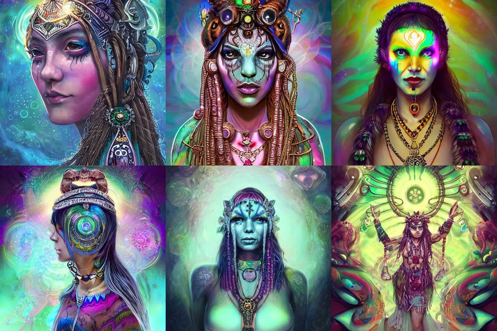 full body psychedelic shaman with trinket necklace, furio tedesschi, artgerm and bowater, scoop light coming from the middle of the face, kawaii puerto rican goddess swimming up wearing a headpiece made of circuit boards, toon shader, ( anato finnstark ), sabas apterus art, galatic shamen with quantum energy fantasy, rossdraws portrait, vintage retro scifi, sorcerer