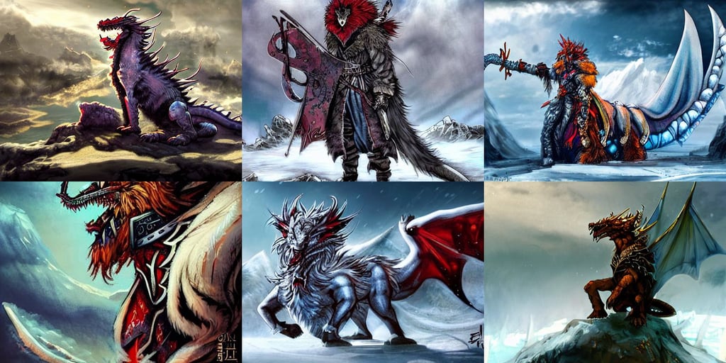 epic ice dragon with trendy shapes in a nordic landscape under bright daylight with fluffy clouds, covered in soft fur, sword magic runes, Enki Bilal, handsome prince, staff and red and golden ornate dragon robe. In style of Yoji Shinkawa and Hyung-tae Kim, giant rat, magically shaped high - fantasy surrealism, Vincent di Fate, god rays, poison ivy, Johnson Ting, puddles turquoise of water, lucifer, loish art style