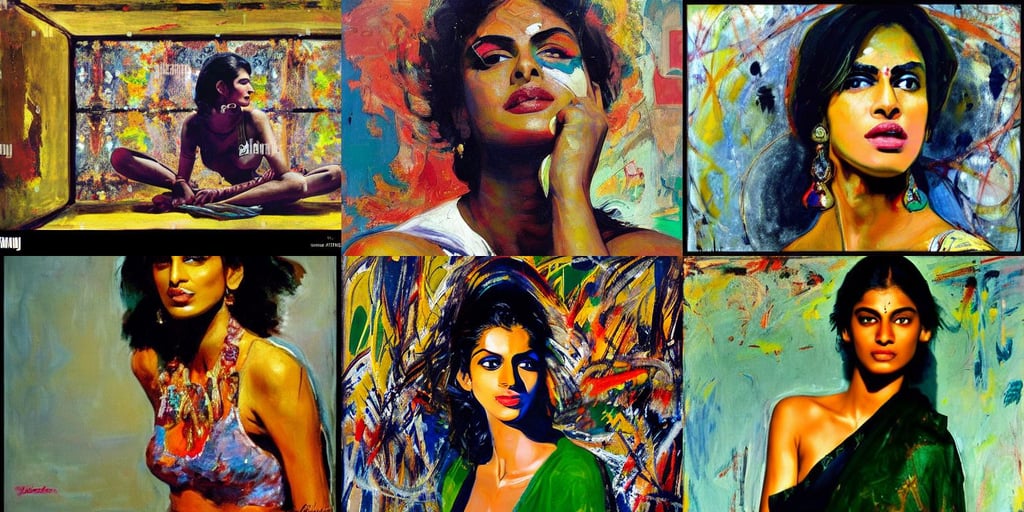 Masterful beautiful indian Female supermodel, he uses them to make modifications | in the style of Peter Mohr..., commission for, art by Jackson Pollock, abstract, intricate, daytime, art by Edward Hopper, Old Building, art by Francisco De Goya, symmetrical, art by Jackson Pollock, metallic colours +8k