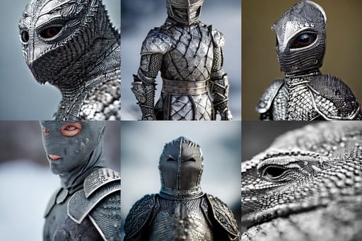 lizard knight in winter, finely detailed eyes, portrait, finely detailed armor, intricate design, silver, silk, cinematic lighting, Canon EOS R3, f/1.4, ISO 200, 1/160s, 8K, RAW, unedited, symmetrical balance, in-frame