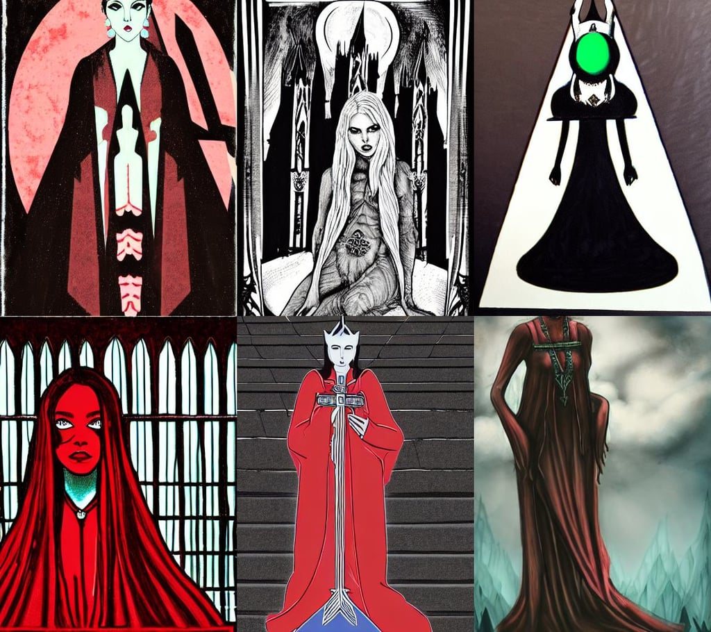 portrait of the beautiful supreme queen of the blood cult, simple clothing!!!!!, tall spire that reaches the clouds