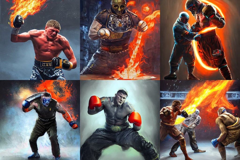 ukranian olexandr usyk punch russian alexandr povetkin, photorealistic painterly advertising concept art, hyper detailed., art by artgerm and raphael lacoste and magali villeneuve, beautiful oil painting trending on artstation, alien skulls, Half Life 3 Logo is orange and is in the foreground, wielding a flaming sword and shield, blade runner, centre composition