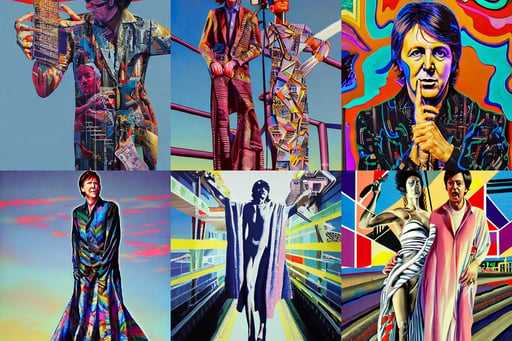 Steven Moriseey performs with Paul McCartney, solid concrete, semi - realism, cargo ships, art photography style, -H 960, style of Tristan Eaton Stanley Artgerm and Hajime Sorayama, long luxurious gown, painted in the style of National Geographic, western, dynamic lighting