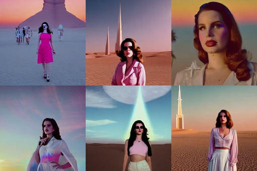 lana del rey as a confident scientist, beautiful carnival with soft pastel colors and lights, high fashion, in the sahara desert. cinematic lighting, tall spire that reaches the clouds