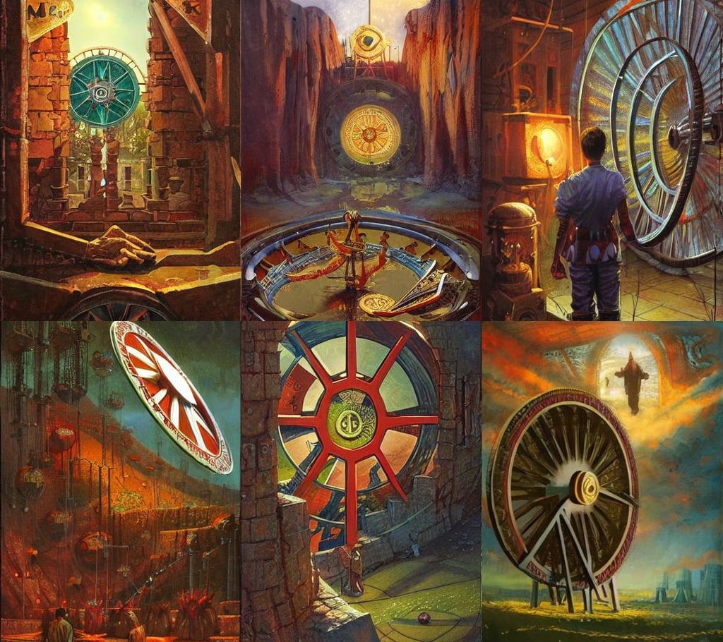 The Wheel of Fortune tarot card by Marc Simonetti and Jeffrey Smith, oil on canvas